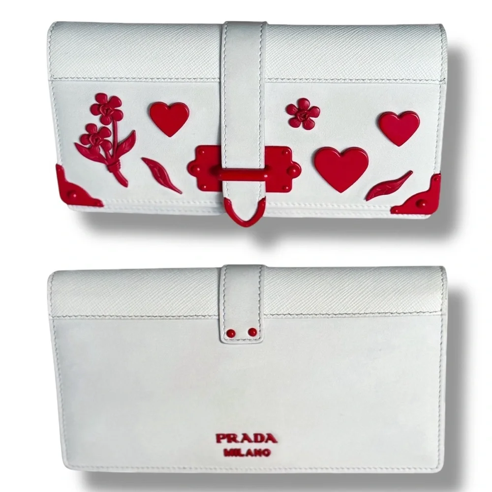 Prada Cahier Wallet On Chain Valentine Heart Applique White Saffiano Red